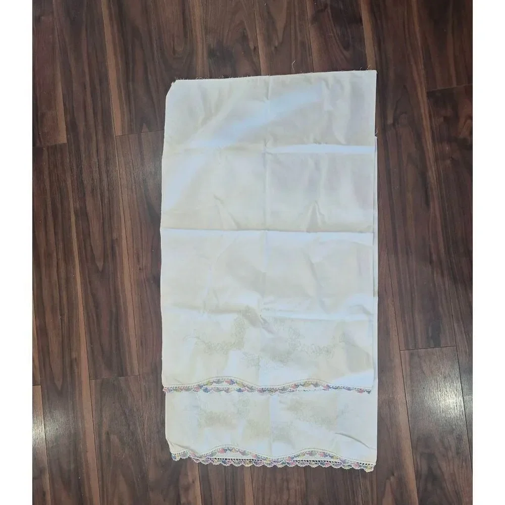 Pillowcases (2) White Cotton, Vintage, Crocheted Edge and Iron on Design that ne